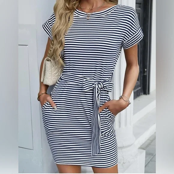 MEROKEETY Striped Navy Blue and White Dress Short sleeve with front tie Nautical - Picture 1 of 13